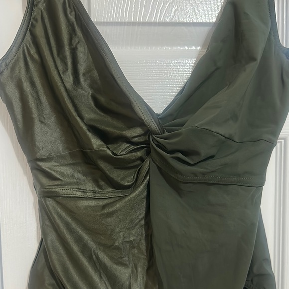 Elegant Olive Green V-Neck One Piece Swimsuit - Picture 2 of 2